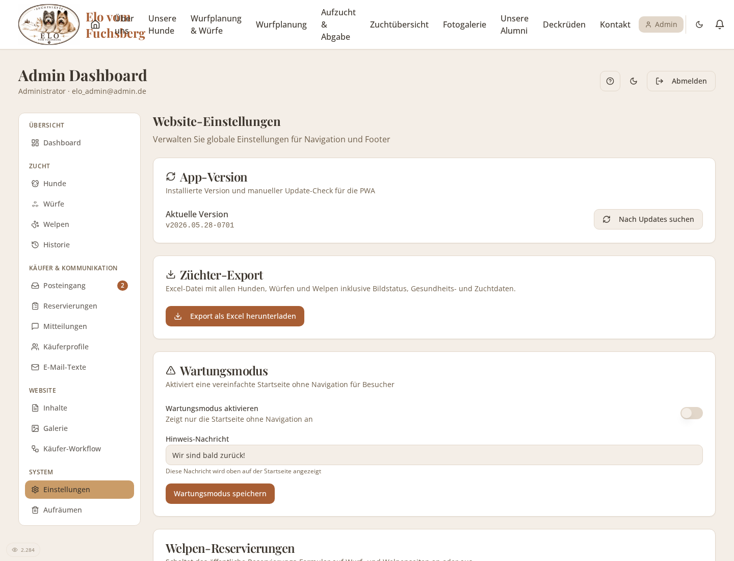 Admin-Ansicht der Website-Einstellungen mit App-Version und Export