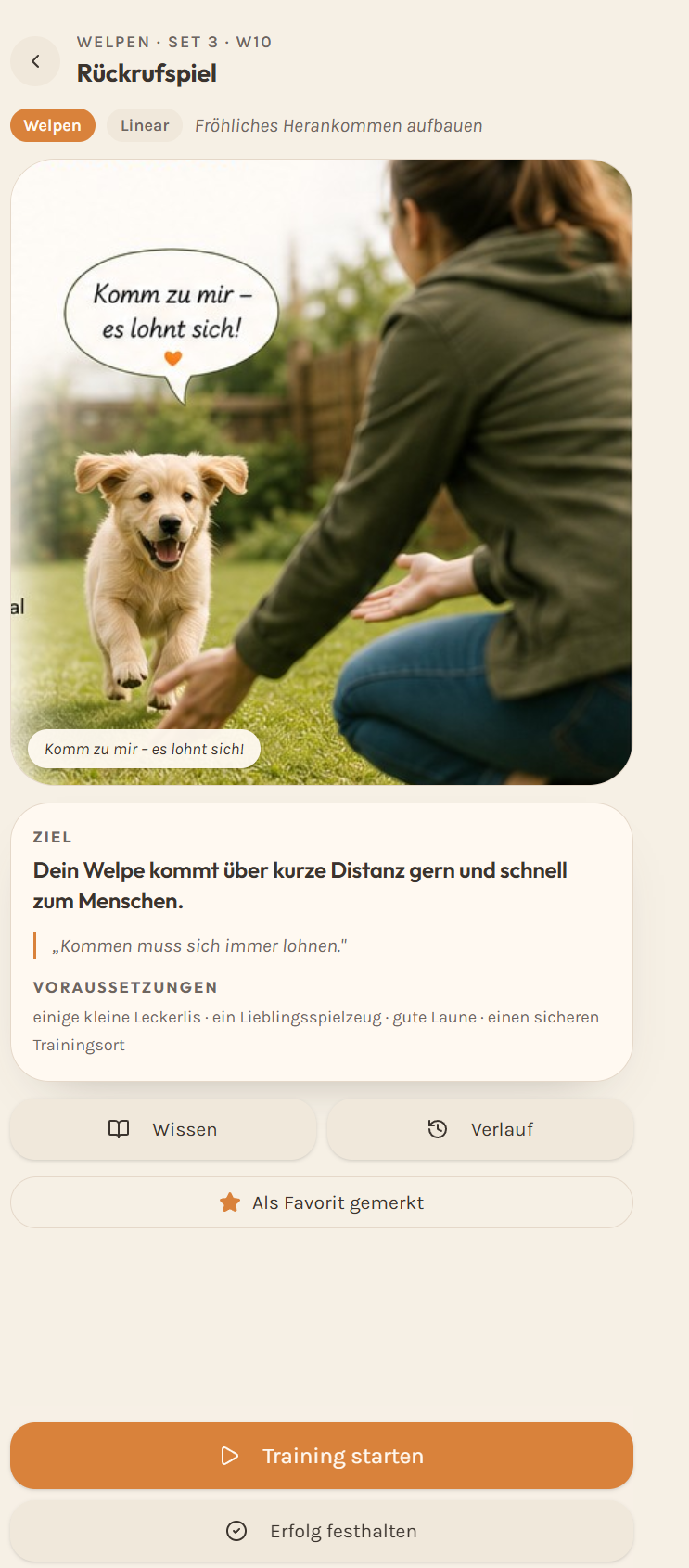 Kartenansicht „Rückrufspiel“ mit Ziel und Trainingsstart