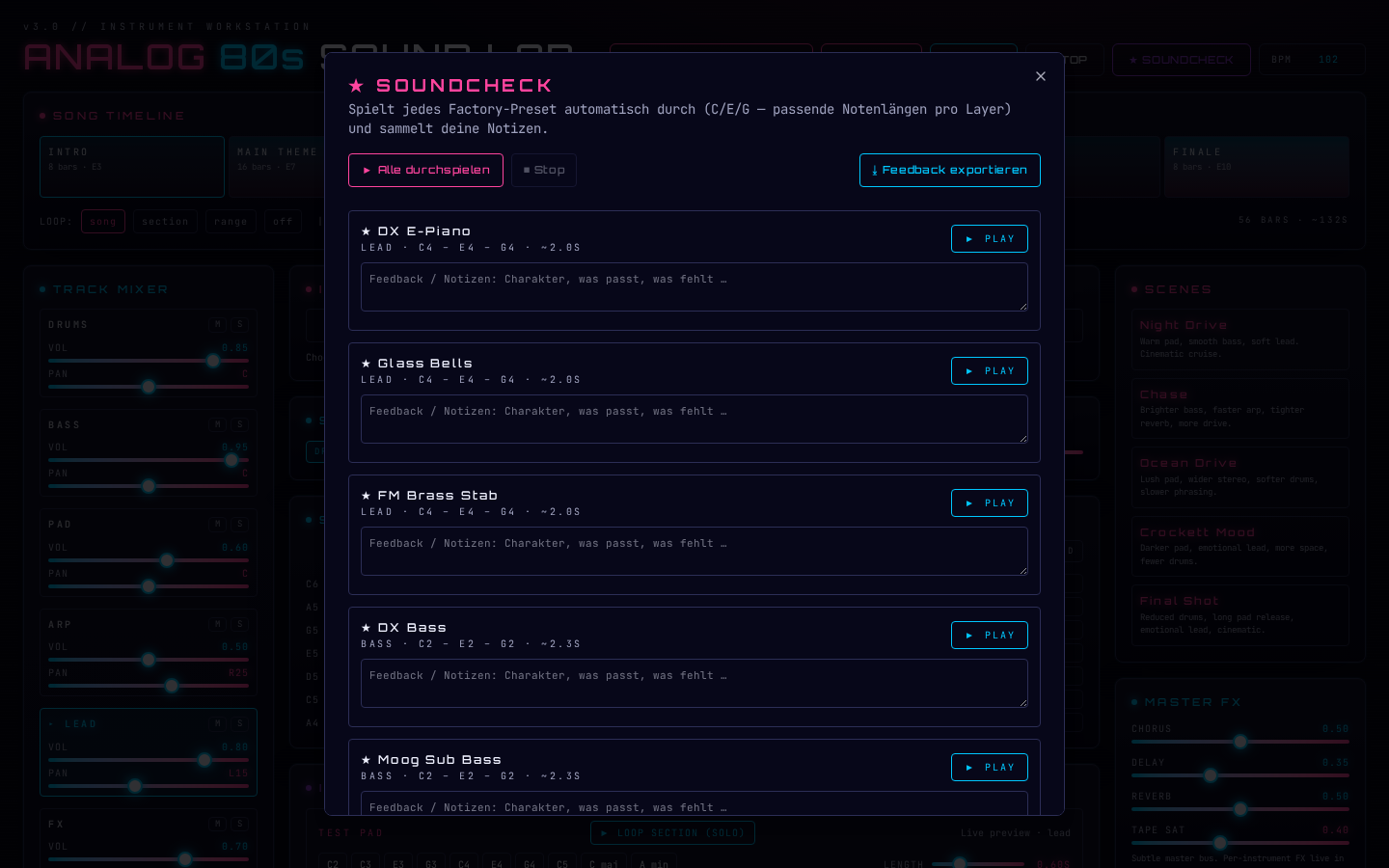 Soundcheck-Dialog mit Preset-Liste und Feedback-Feldern