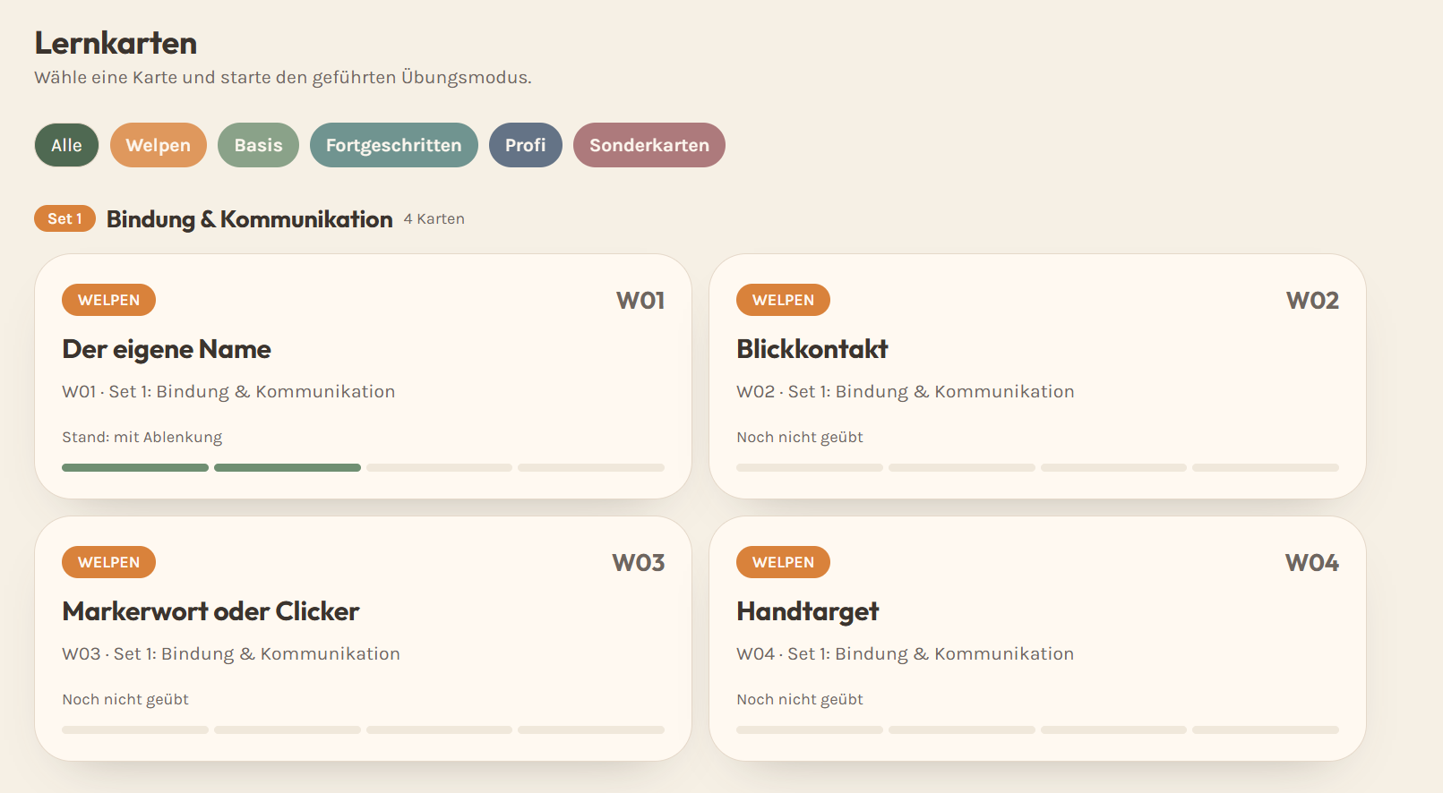 Kartenübersicht mit Level-Filtern und Fortschrittsbalken