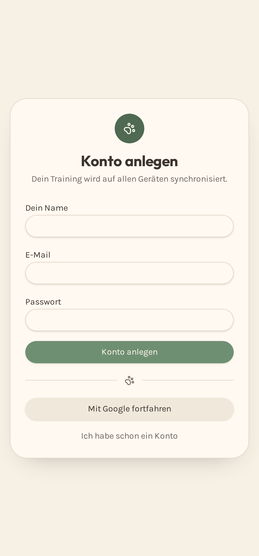 Registrierungsansicht mit E-Mail- und Google-Anmeldung