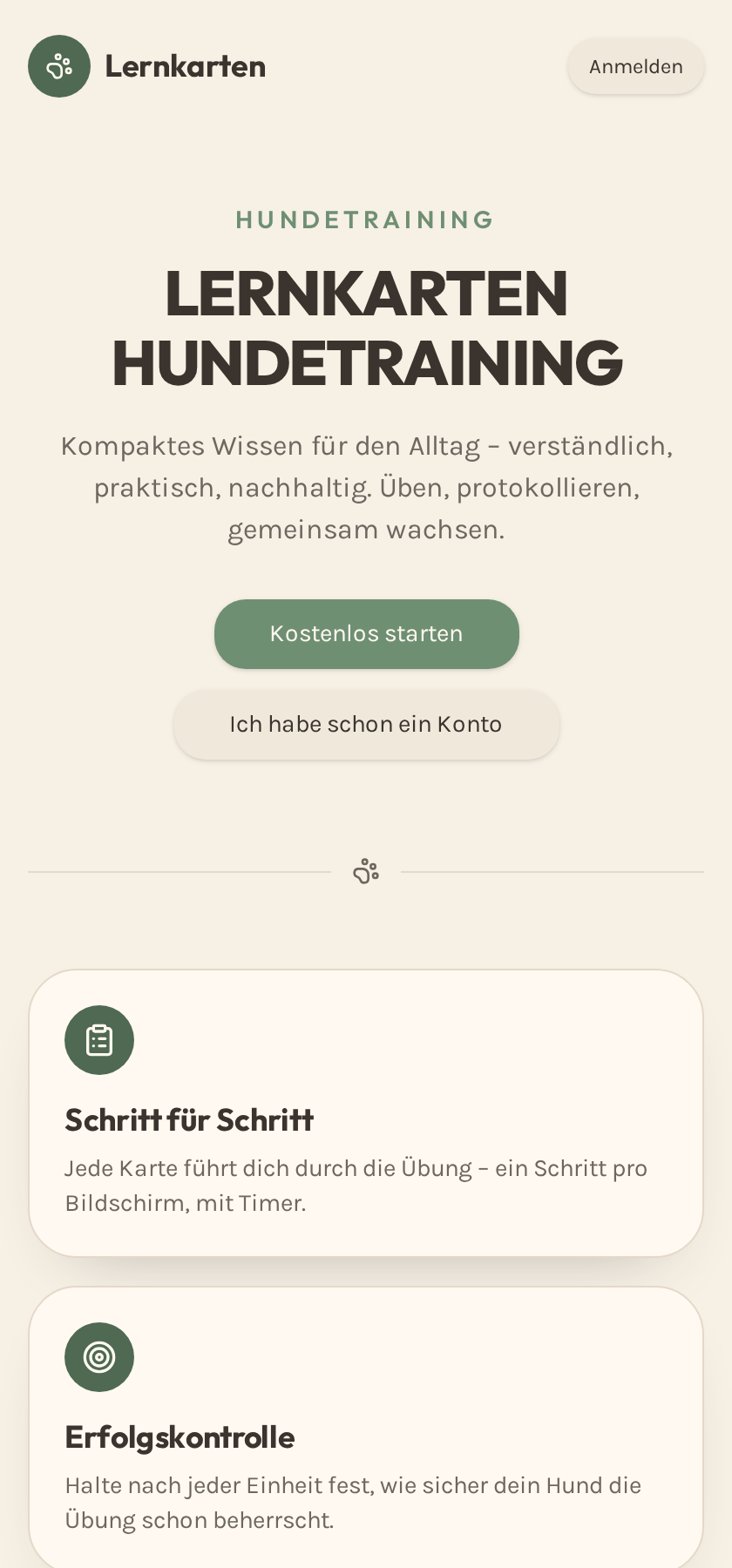 Startseite der Lernkarten-App mit Einstieg