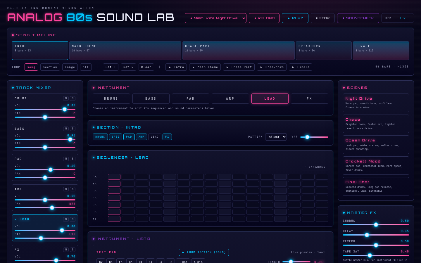 Hauptansicht der Workstation mit Timeline, Track-Mixer, Sequencer, Szenen und Master-FX