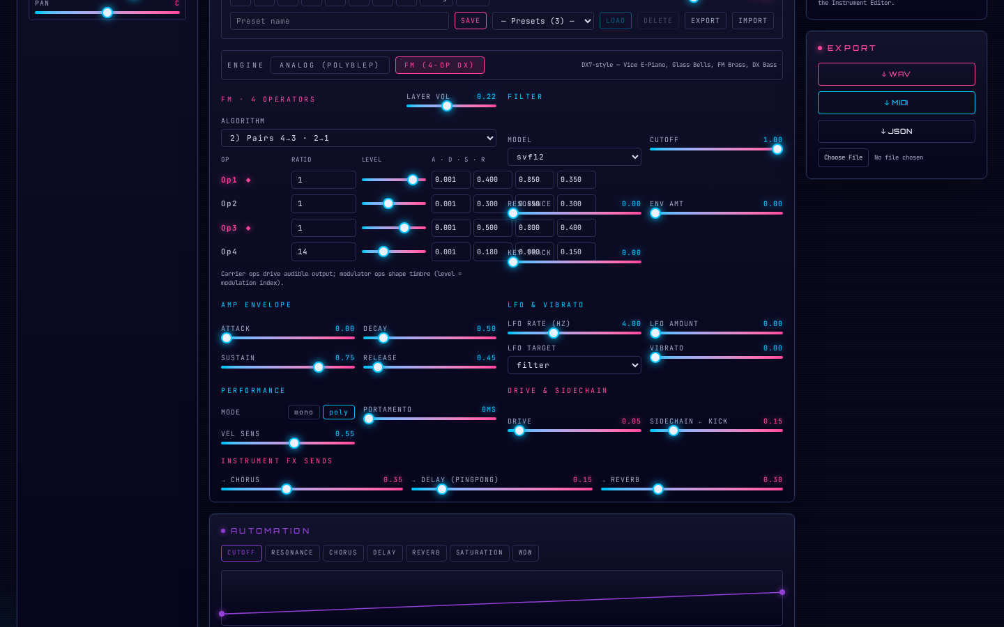 Instrument-Editor mit FM-Operator-Matrix, Filter, Hüllkurven und FX-Sends